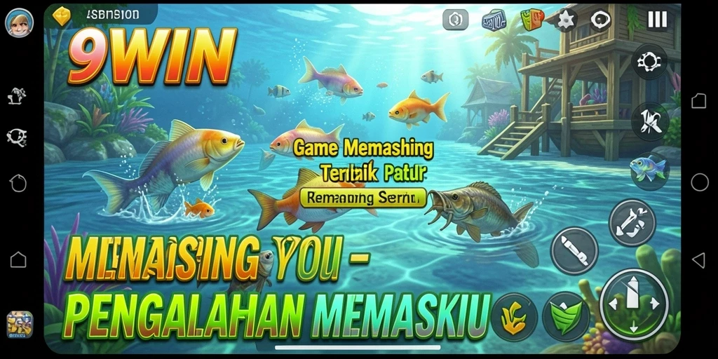 Screenshot gameplay 9WIN menampilkan aksi memancing seru di lokasi indah.