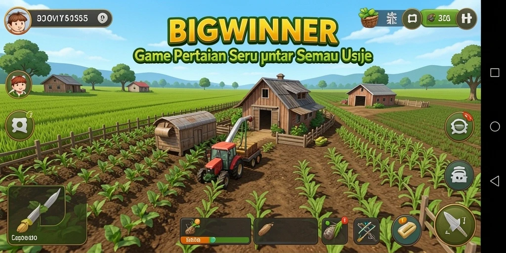 Screenshot gameplay BIGWINNER yang menunjukkan lahan pertanian yang rapi.