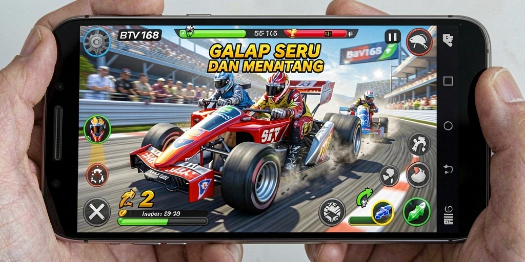 Screenshot menunjukkan balapan mendebarkan di BTV168 dengan mobil-mobil cepat.