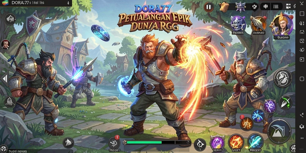 Screenshot gameplay DORA77 menunjukkan aksi pertarungan mendebarkan dalam RPG.