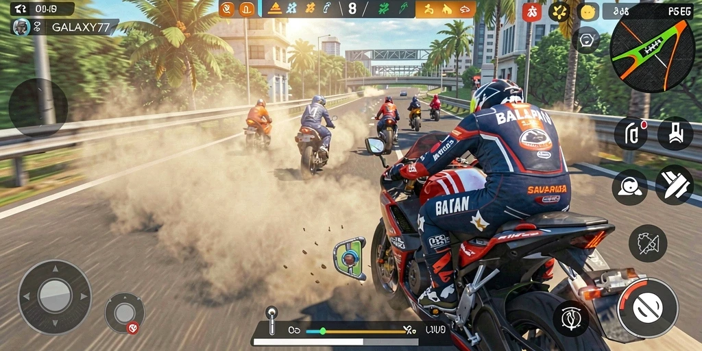 Tampilan gameplay seru dari GALAXY77 saat balapan motor di lintasan menantang.
