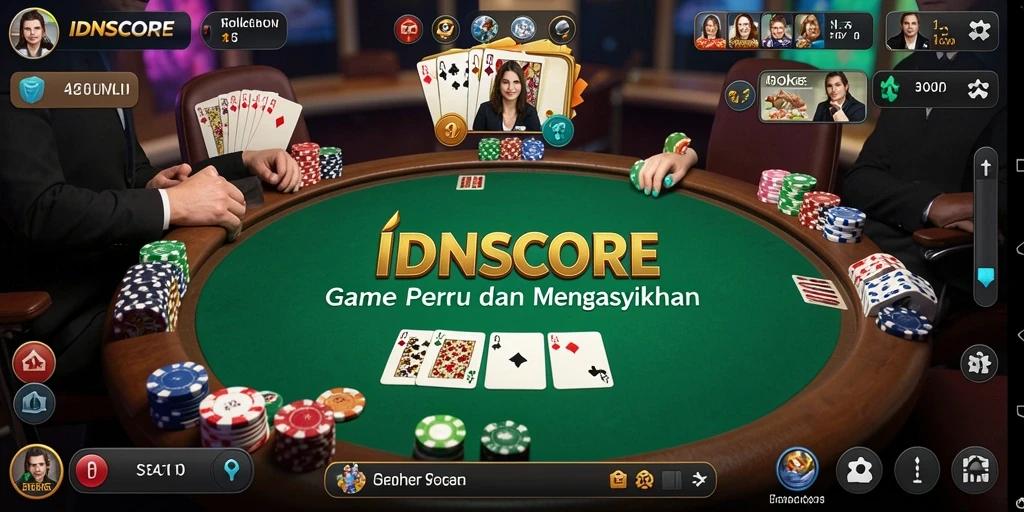 Tampilan gameplay seru dari IDNSCORE dengan suasana Poker yang menegangkan.