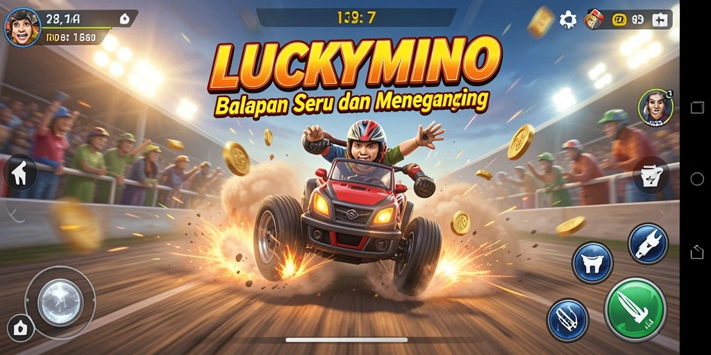 Screenshot LUCKYMINO menampilkan aksi balapan yang mendebarkan di trek yang penuh tantangan.