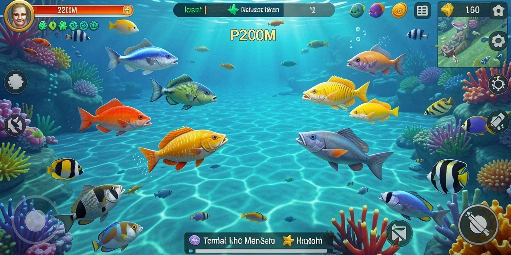 Screenshot menampilkan gameplay seru dari P200M saat membidik ikan.
