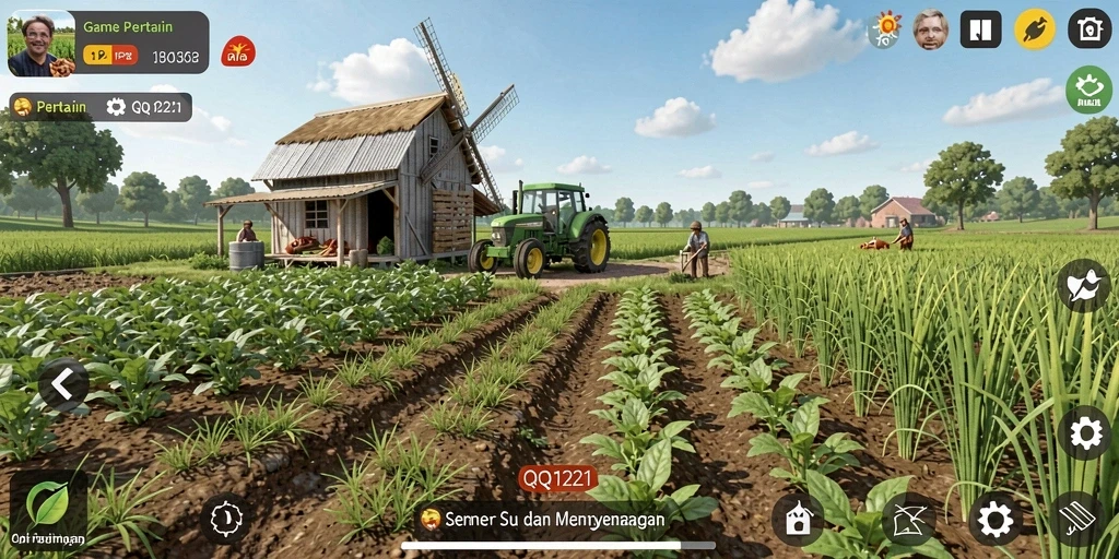 Gameplay QQ1221 menampilkan aktivitas bertani yang menyenangkan dan interaktif.